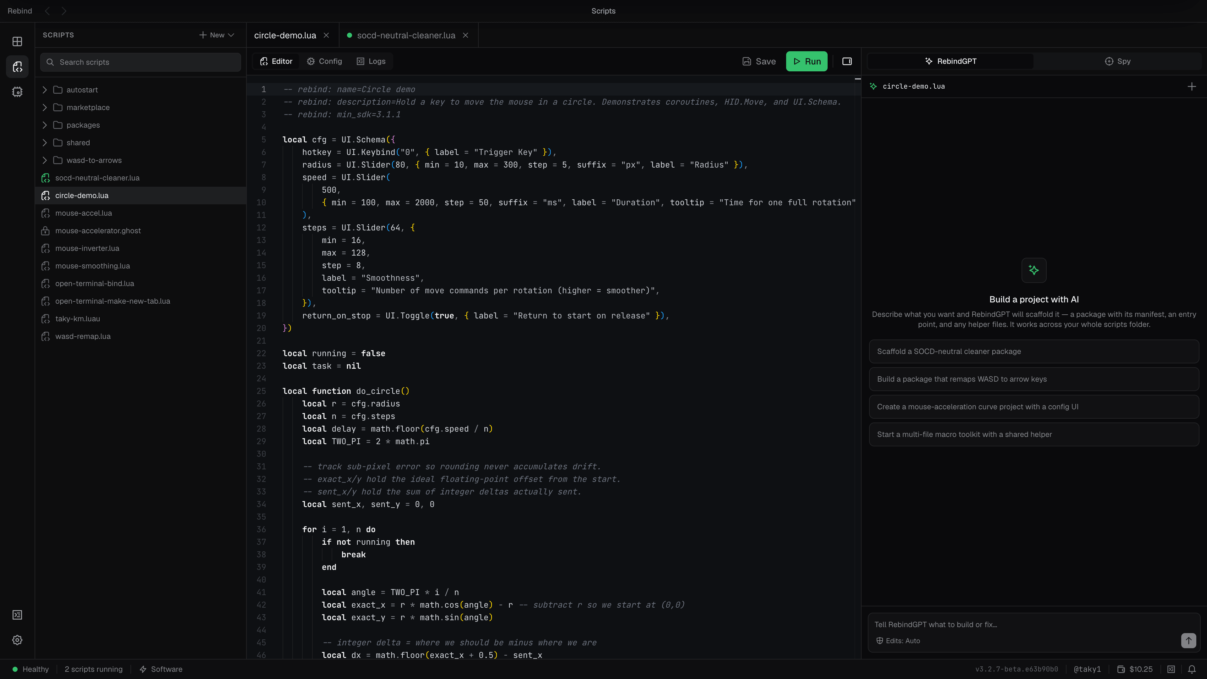 The Rebind script editor: Luau code with the script explorer and the RebindGPT AI assistant