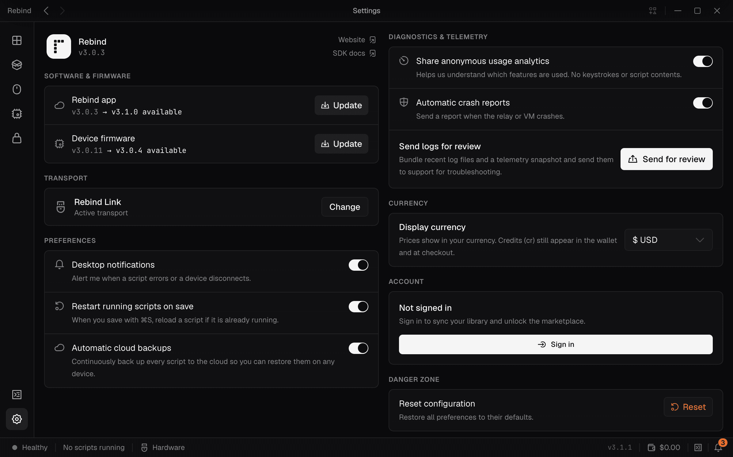Rebind settings — transport, preferences, diagnostics, and developer options